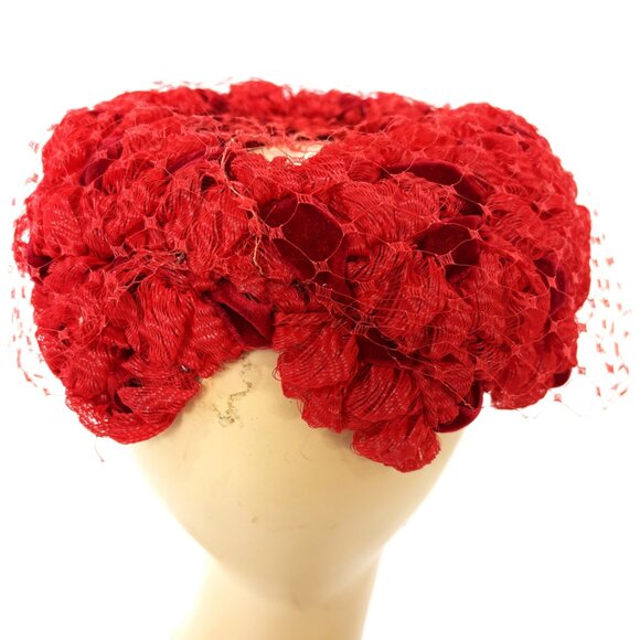 Mid-Century 60’s /clover Lane Red Cellophane Straw & Velvet Ribbon Hat Vintage main image 10